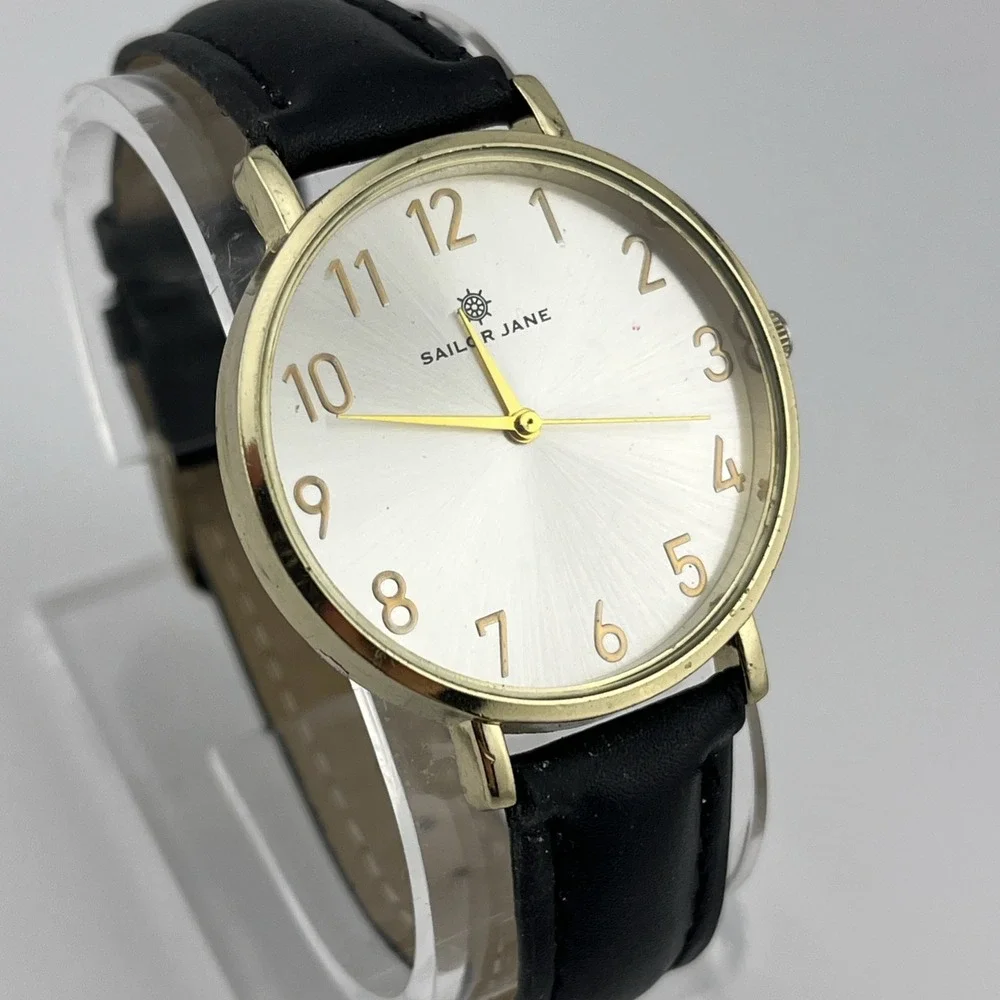 Sailor Jane Watch Women 36mm Gold Case Black Faux Leather Band- New Battery